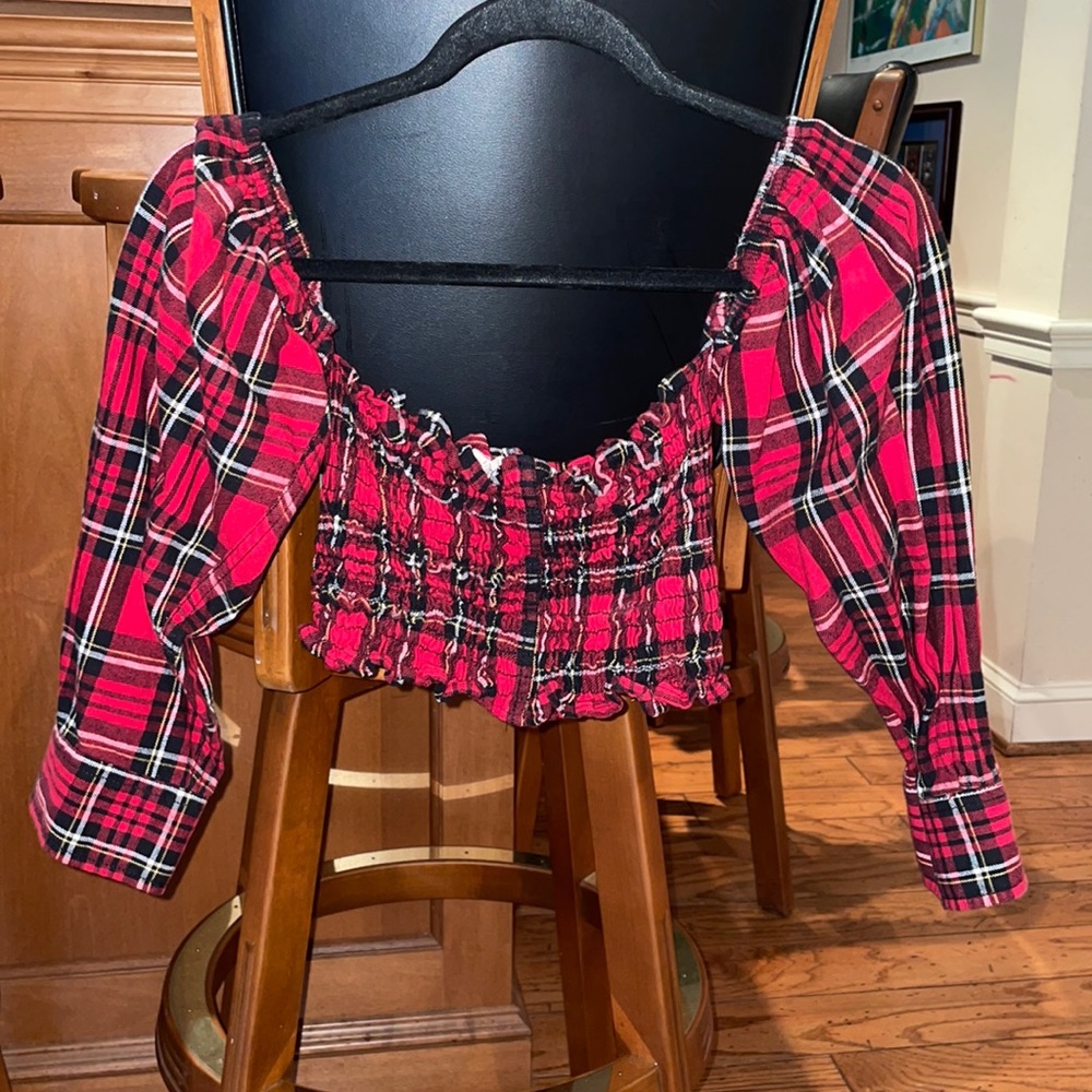 Off The Shoulder Plaid Long Sleeve Top
